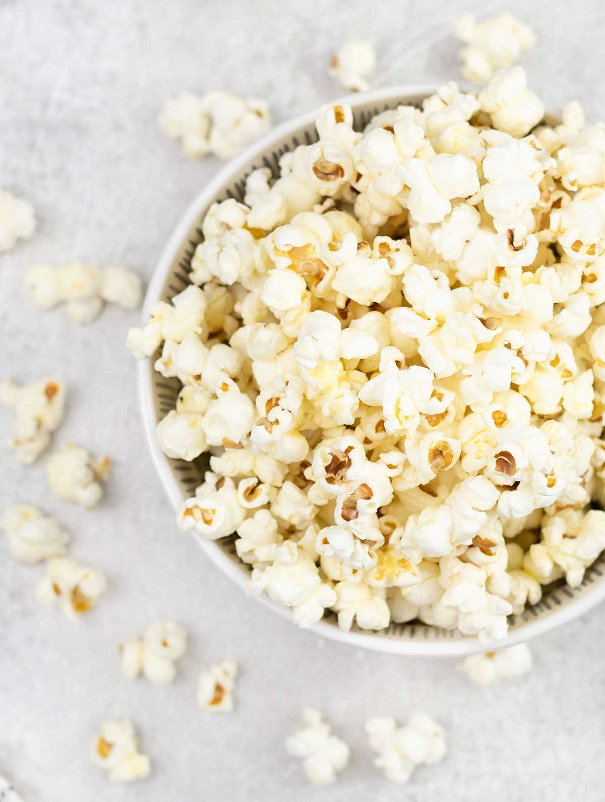 Overhead shot of Honey Butter Popcorn in a bowl