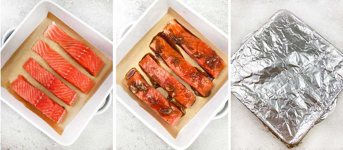 Step by step photo instructions collage for making Baked Honey Glazed Salmon

