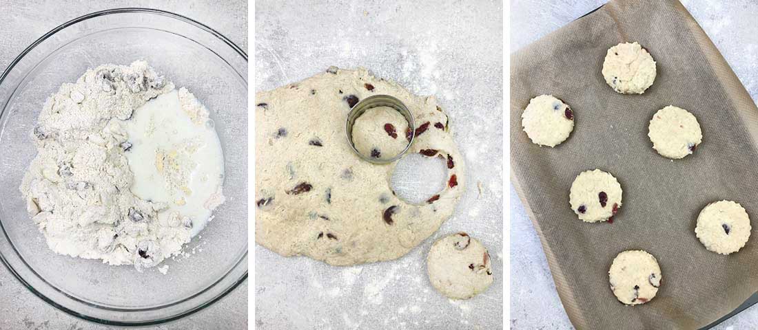 Step by step photo instructions collage for making Cherry Scones