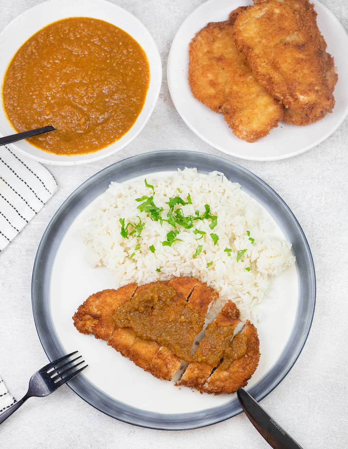 Chicken Katsu  with rice and a big bowl of Katsu Curry