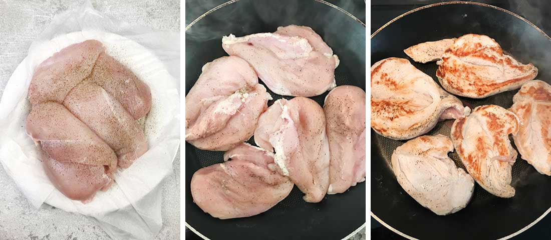 Step by step photo instructions collage for cooking the chicken breasts
