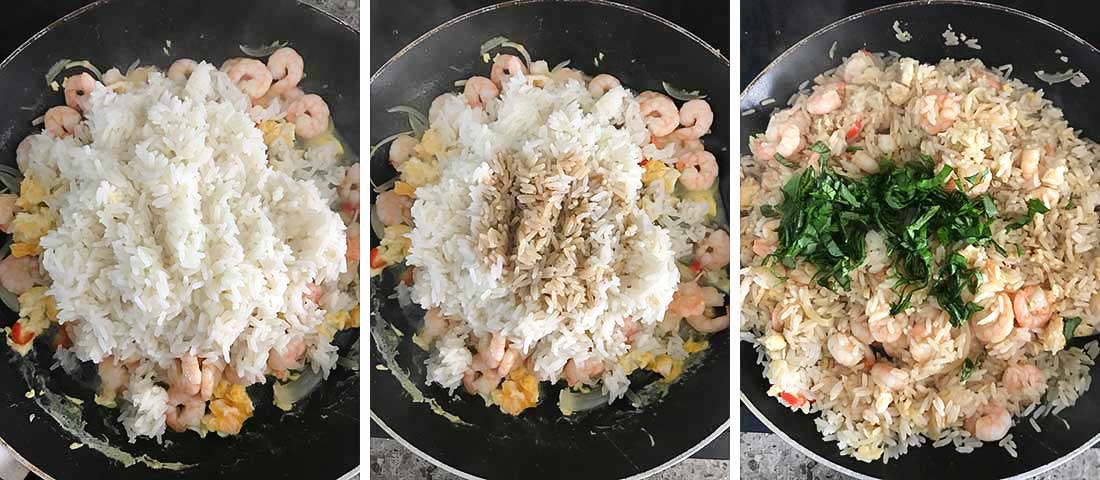 Step by step photo instructions collage for making Thai Basil Fried Rice