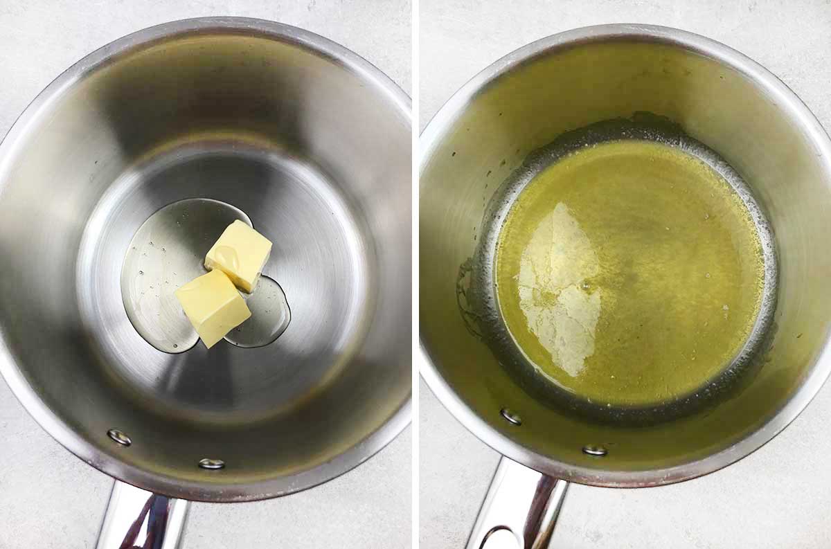In a saucepan, melt both butter and honey over low heat.