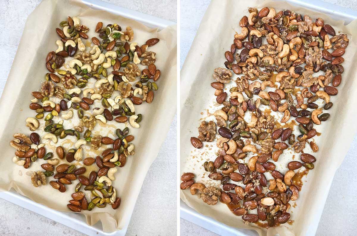 Spread all the nuts onto the baking sheet in a single layer and bake.