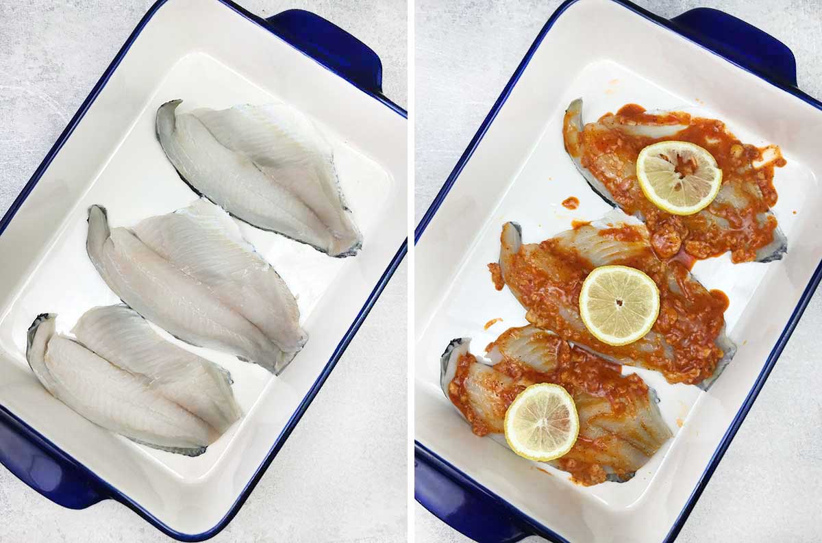 Put the tilapia fillets in the baking pan and pour the marinade on top.
