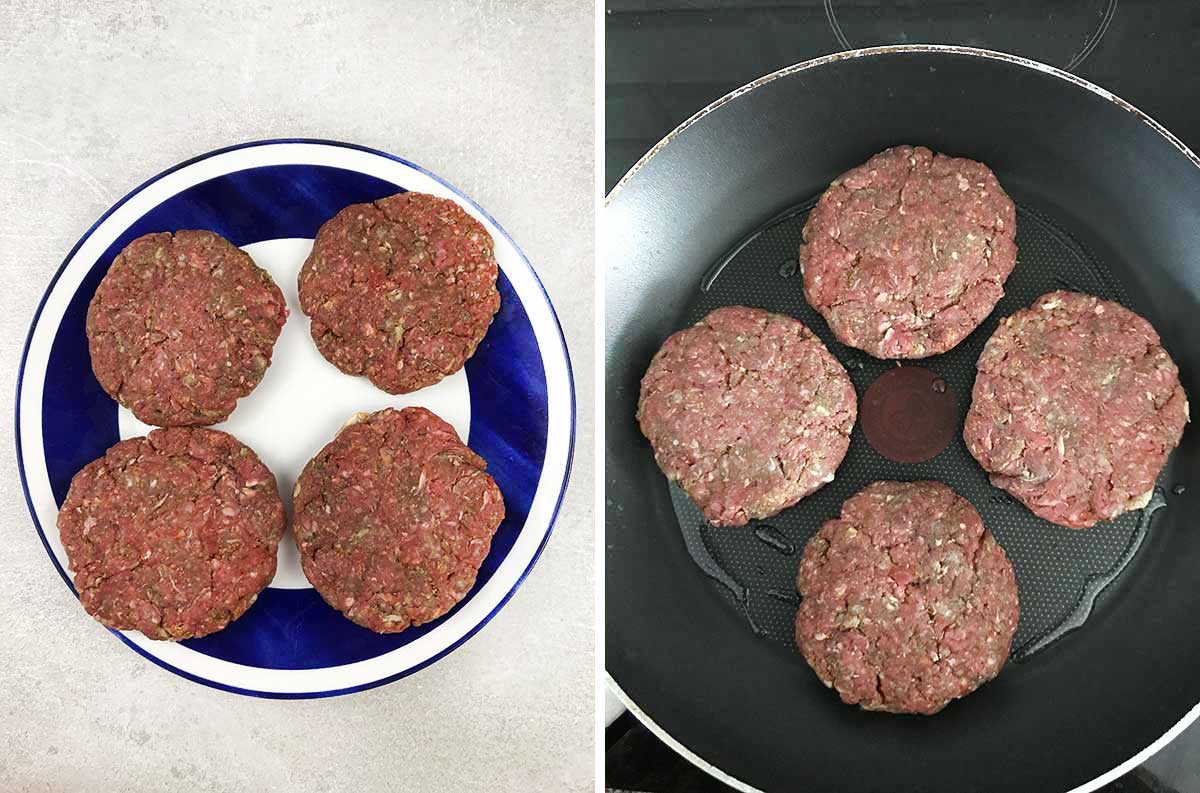 Form the mixture into burger patties; heat the oil and fry the patties.