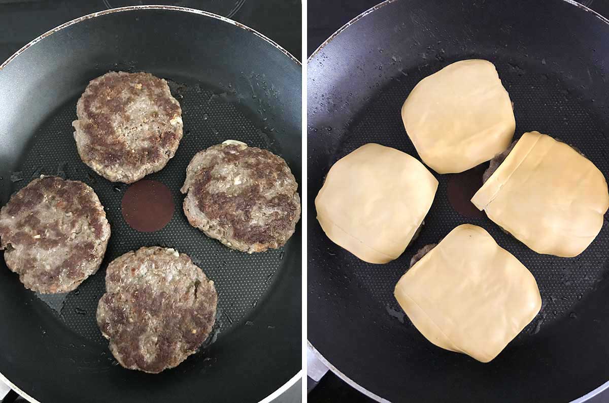 Step by step photo instructions collage for cooking the burger patties.