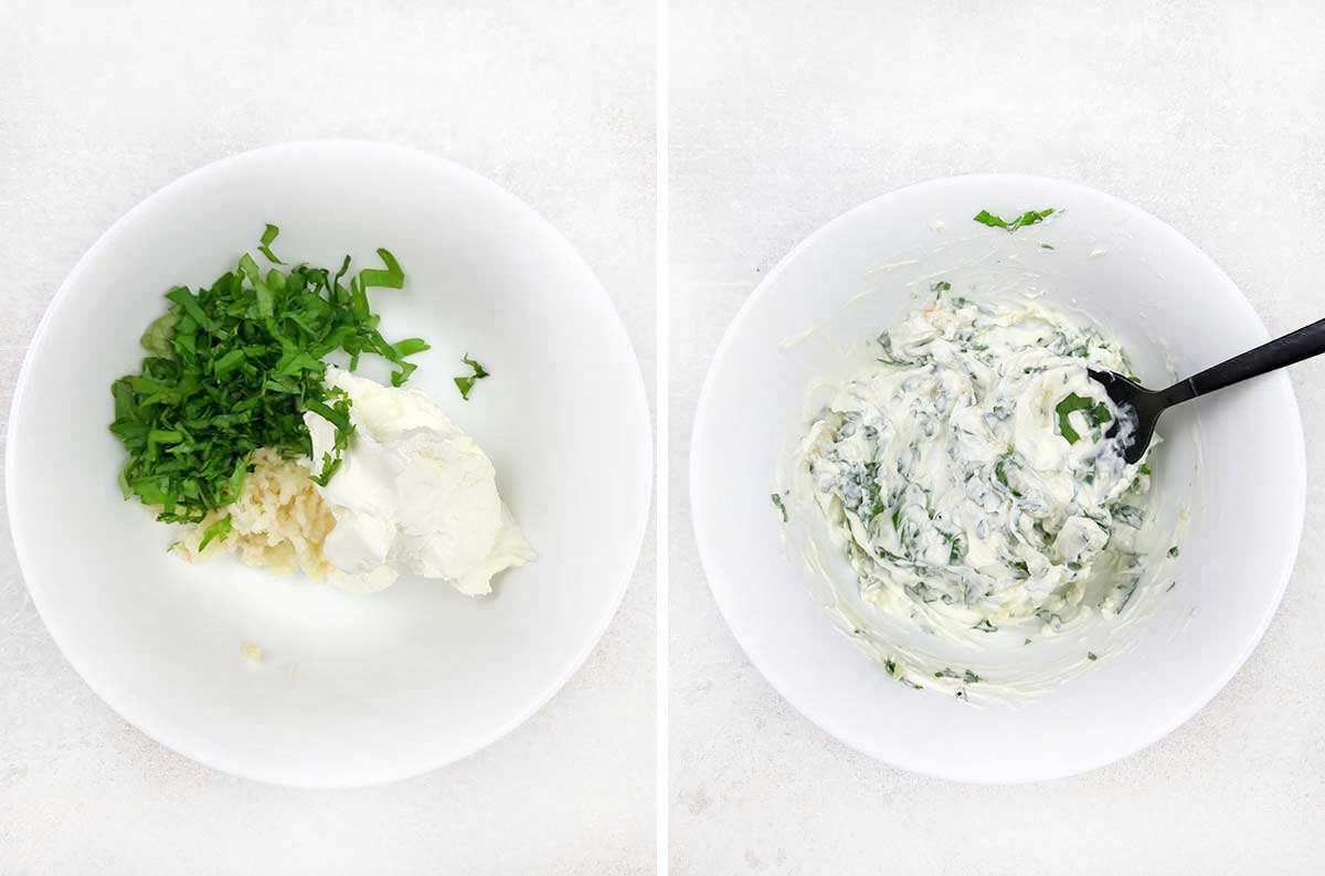 In a small bowl, mix cream cheese, garlic and cilantro.