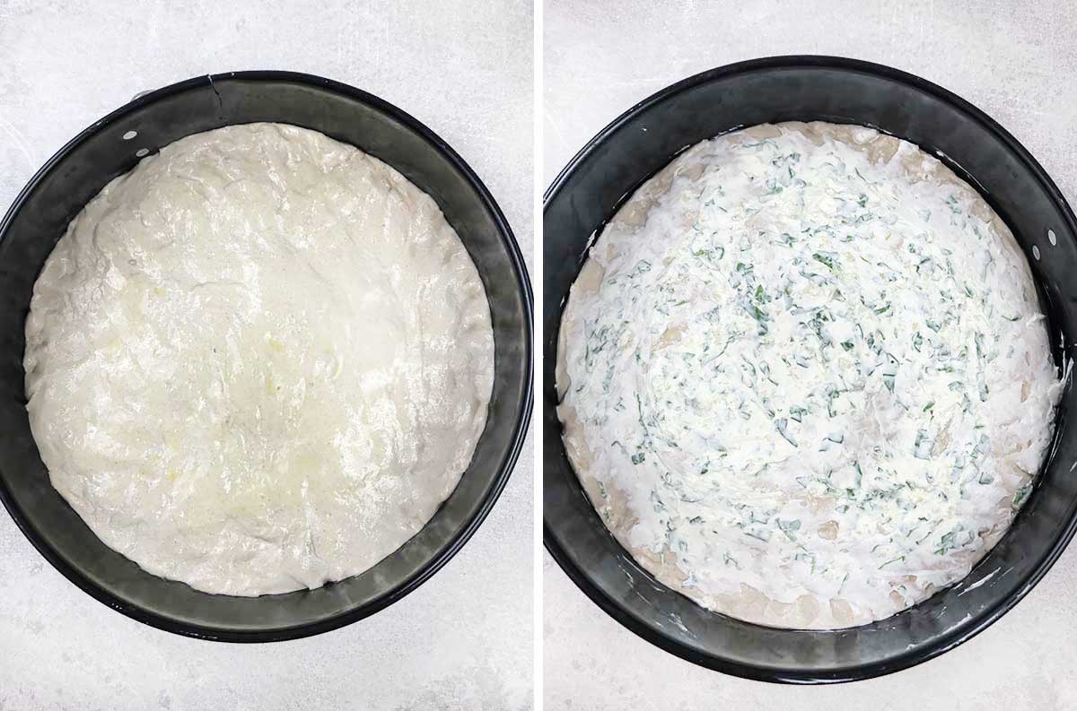 Brush the pizza crust with oil and spread the cream cheese mixture on top.
