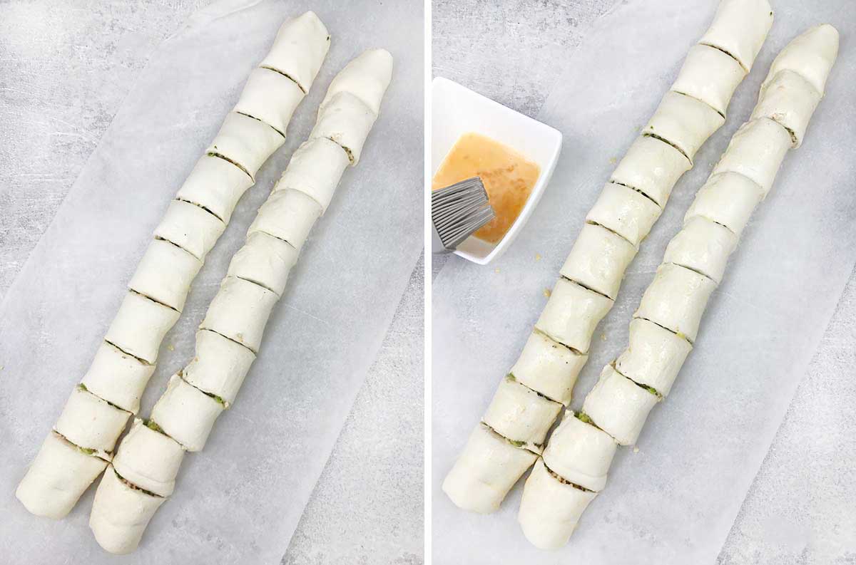 Roll the pastry up; brush the egg on top and cut each one into 10 bite-sized pieces.