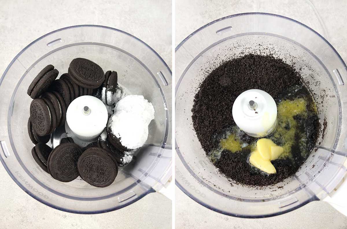 Put the cookies and sugar in the food processor and beat, then add the butter.