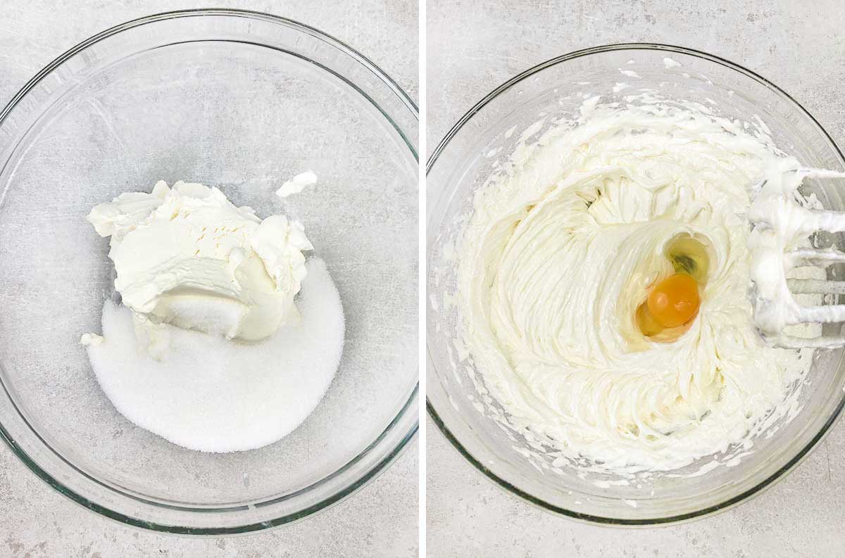 Whisk the cream cheese and sugar, then add the eggs (one at a time).