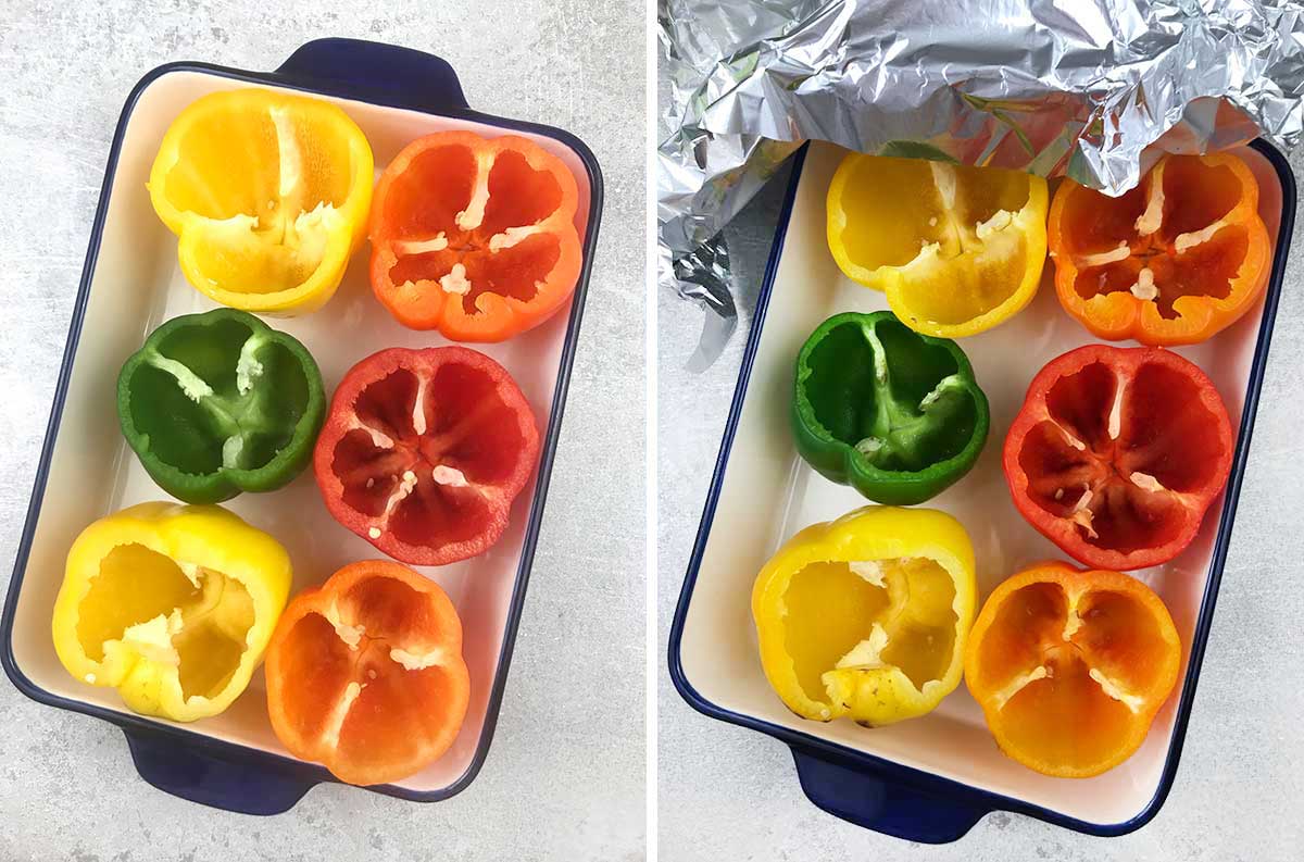 Cut the pepper tops and put them in a baking dish. Cover with foil and bake.