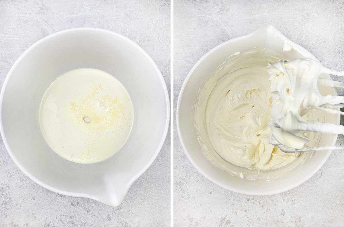 Whisk the heavy cream and sugar until stiff peak forms.