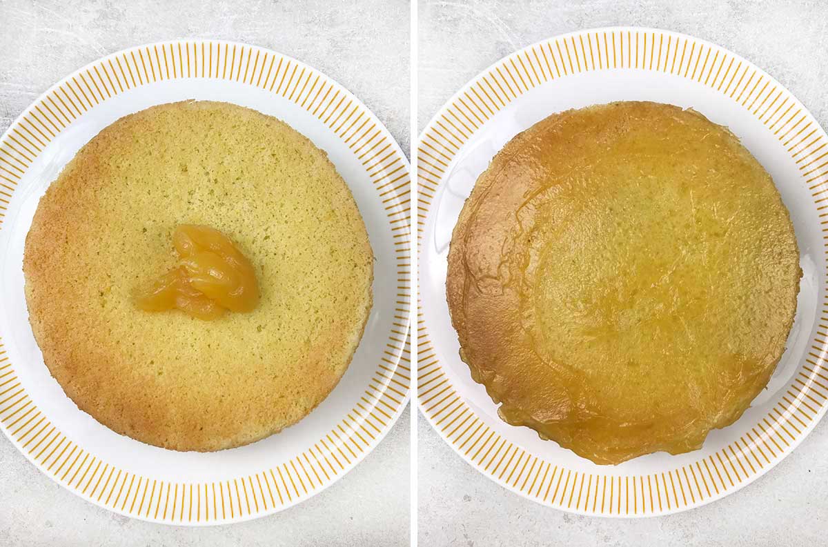 Spread the lemon curd on top of the first cake.