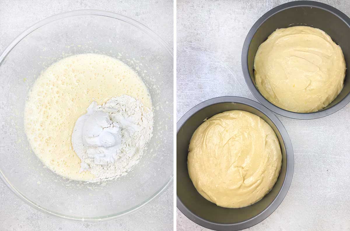 Stir in flour, baking powder, and salt. Divide the batter between the 2 cake tins.