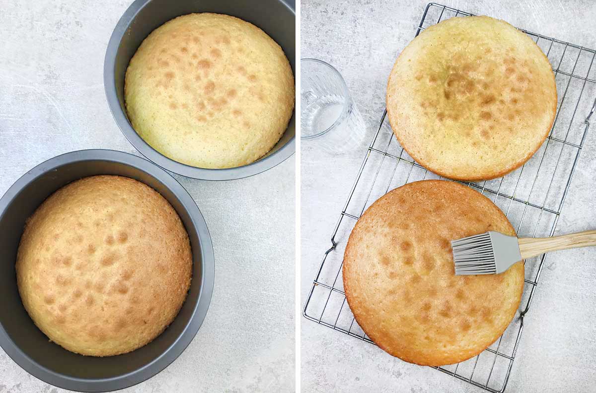 Brush the baked cake with the syrup.