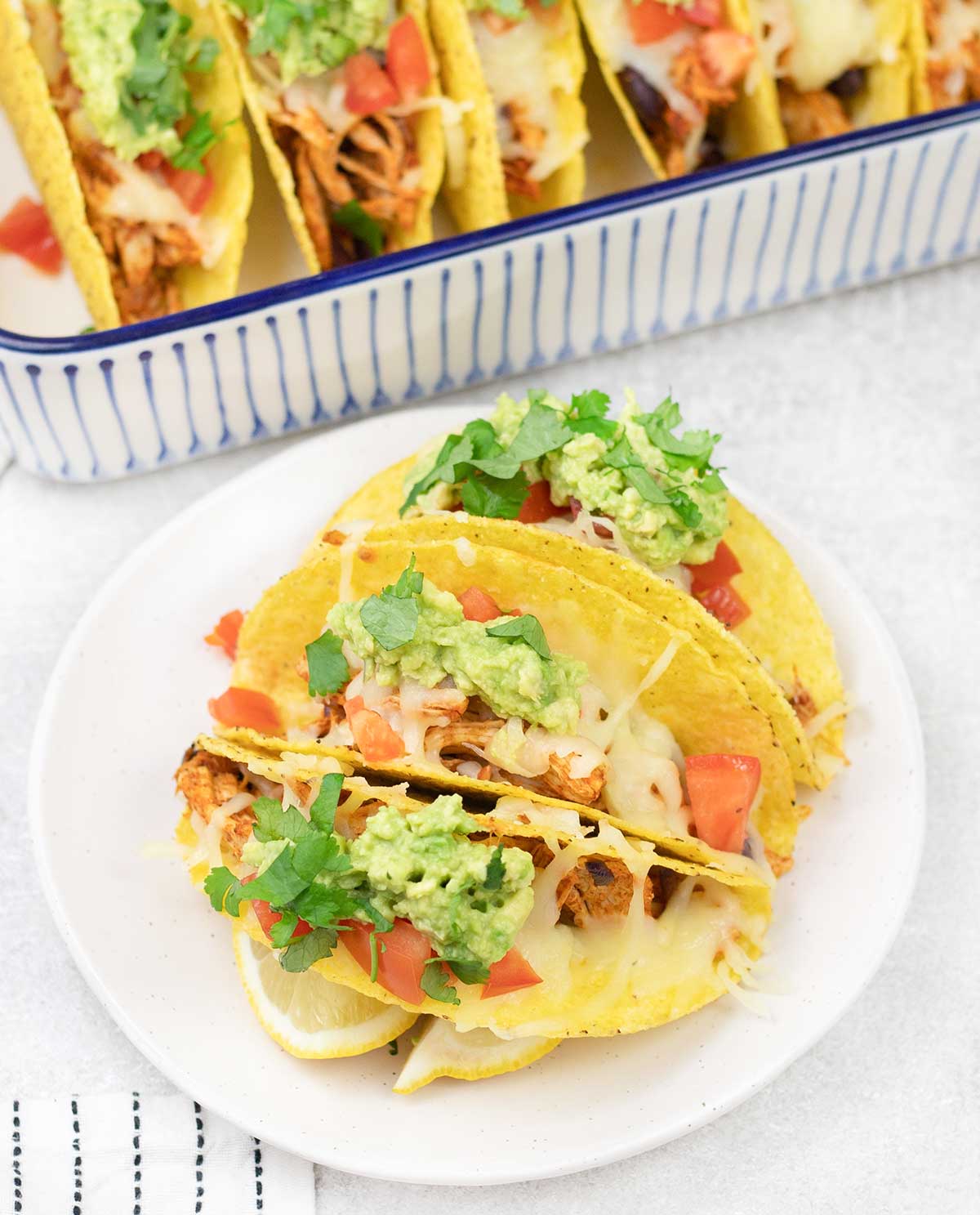 Mexican shredded chicken taco in a plate.