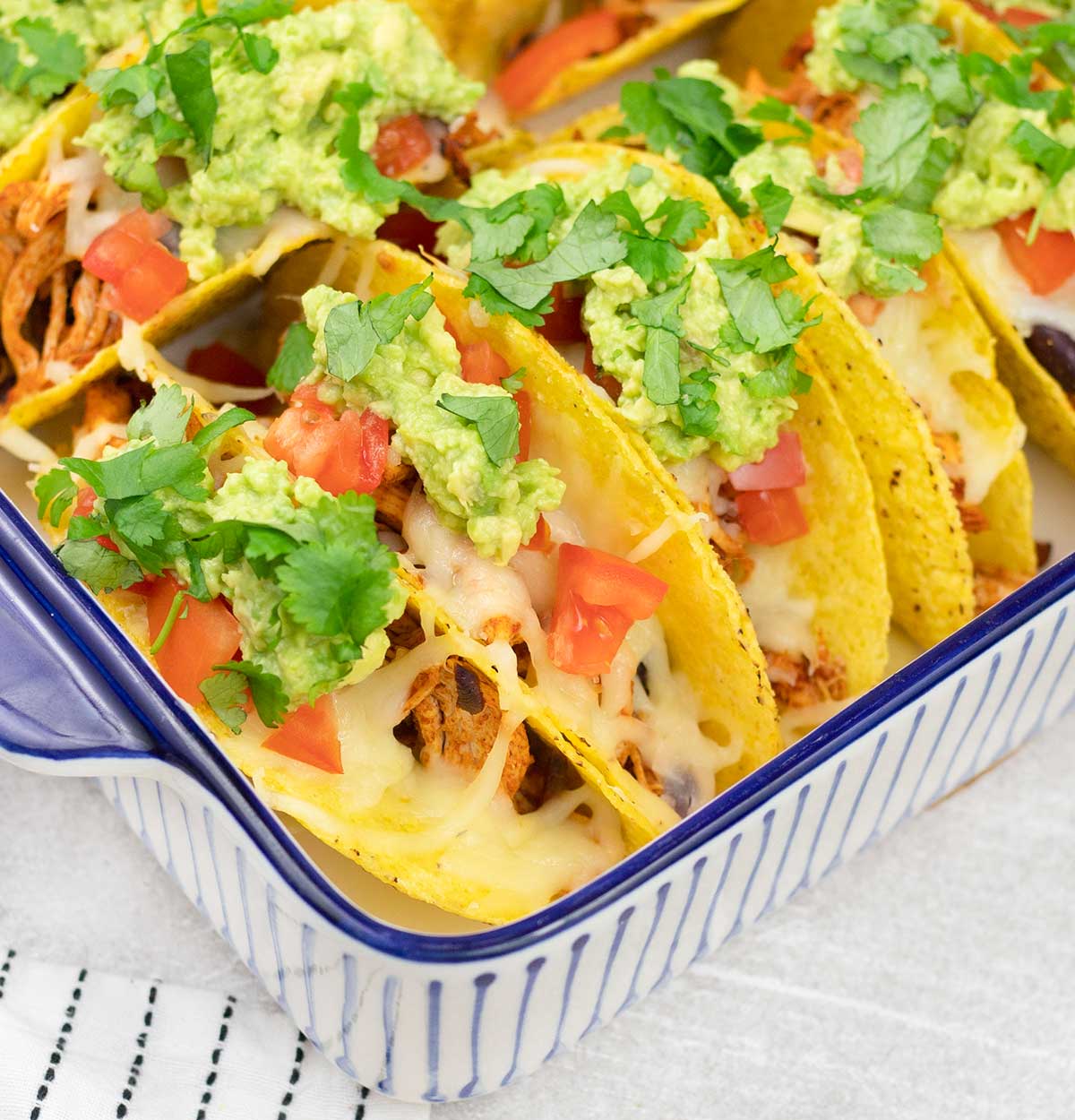 Mexican shredded chicken taco in a pan.
