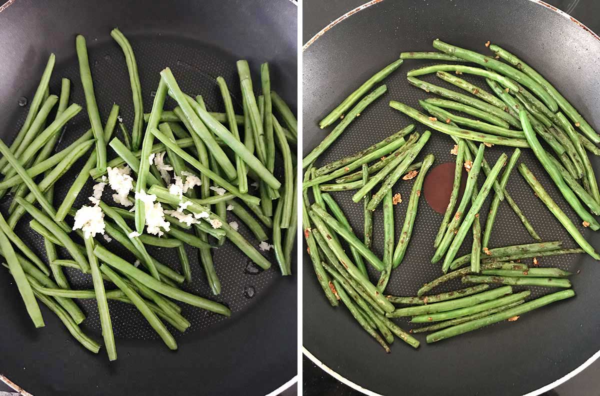 Steps of making simple green beans skillet.