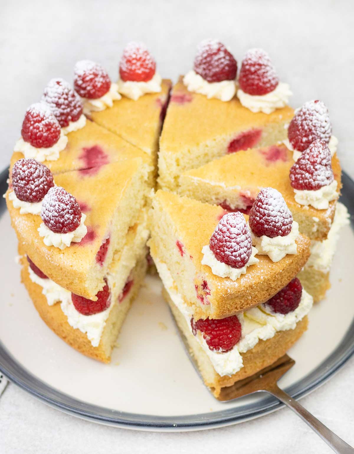 A slice of raspberry sponge cake.