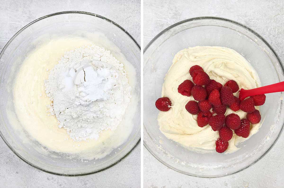Mix in flour, baking powder and salt and fold in the raspberries.