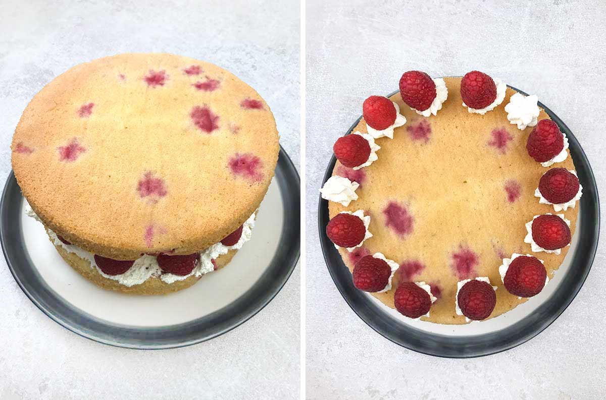 Place the other cake on top and make some swirls with the whipped cream, add some raspberries.