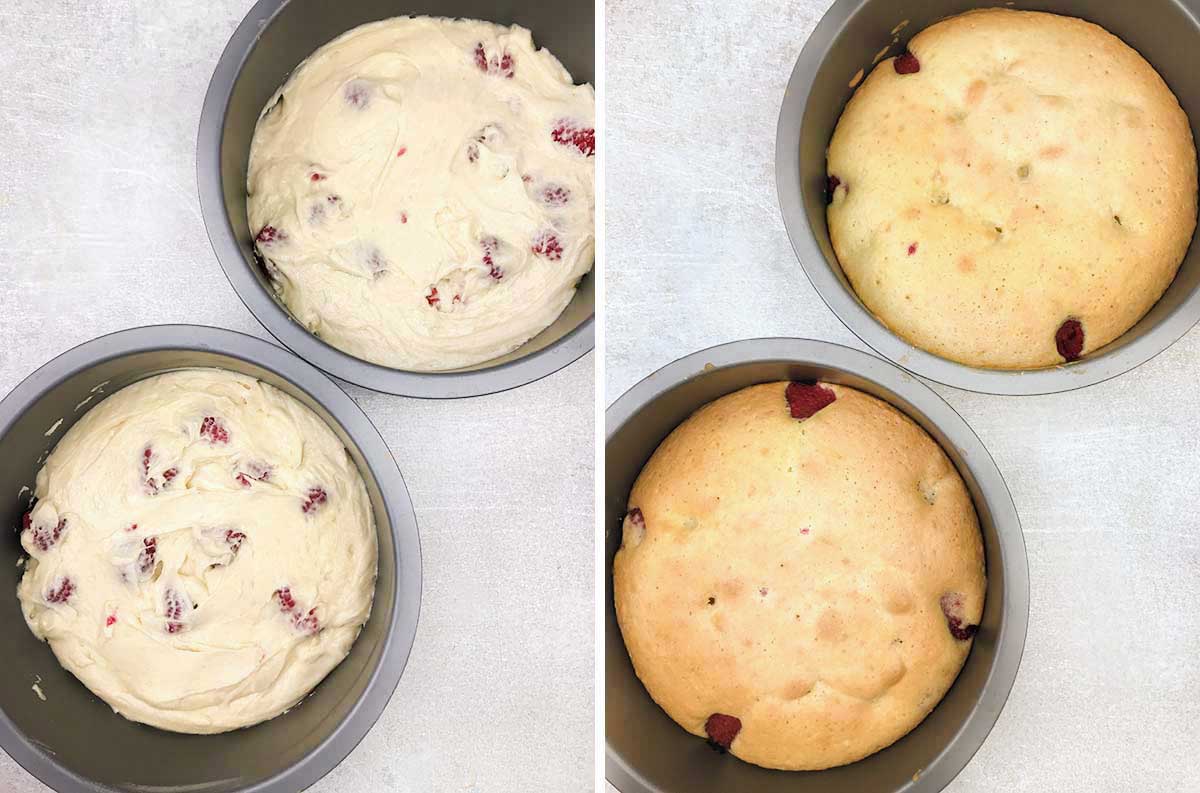 Divide the mixture between the 2 cake tins and bake.