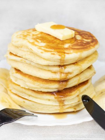 Stack of fluffy self-rising flour pancakes.
