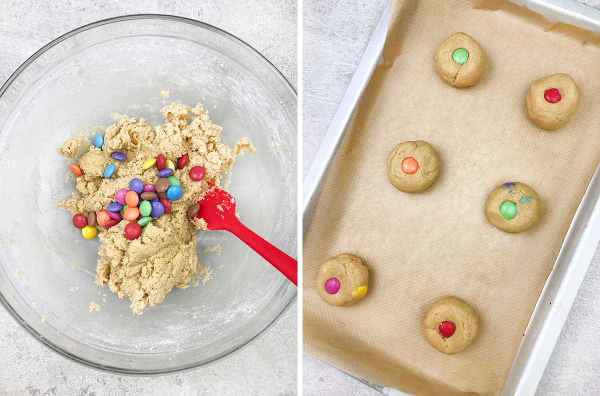 Mix in the Smarties and Roll the dough into balls and place in a baking sheet.