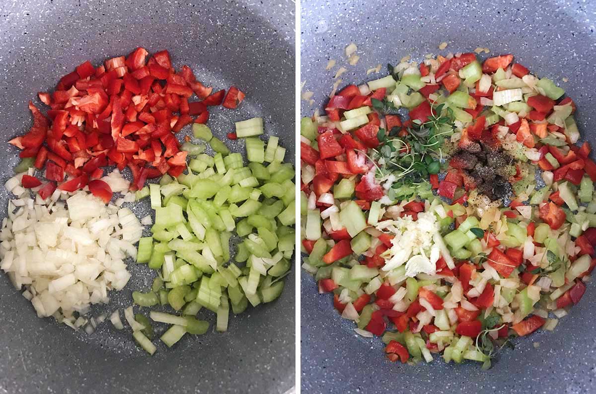 Cook onion, bell pepper and celery, add in garlic, fresh thyme, salt and pepper.