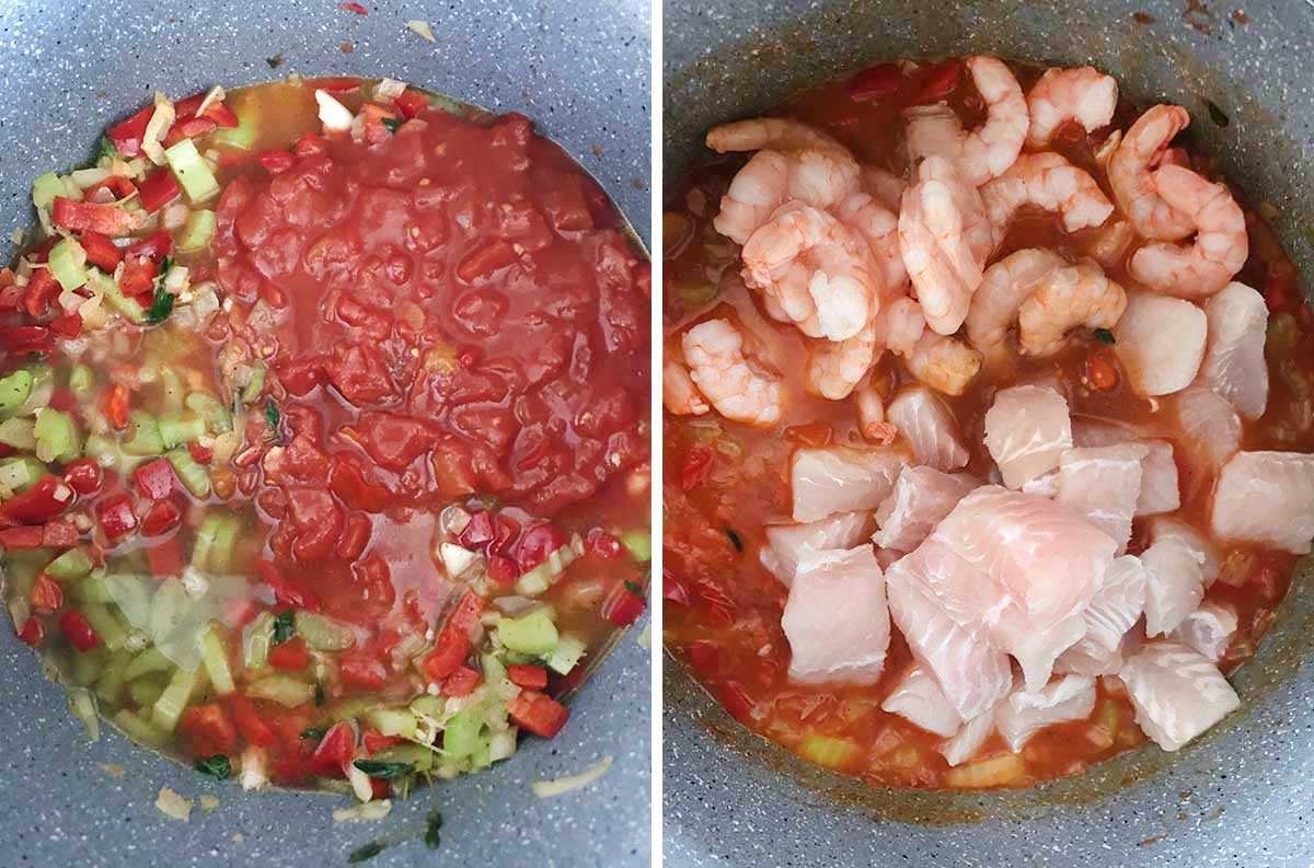 Add lime juice, tomatoes and seafood stock the add shrimp and fish.