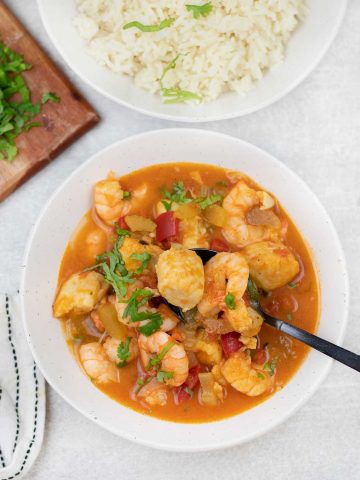 Caribbean seafood stew in a bowl.