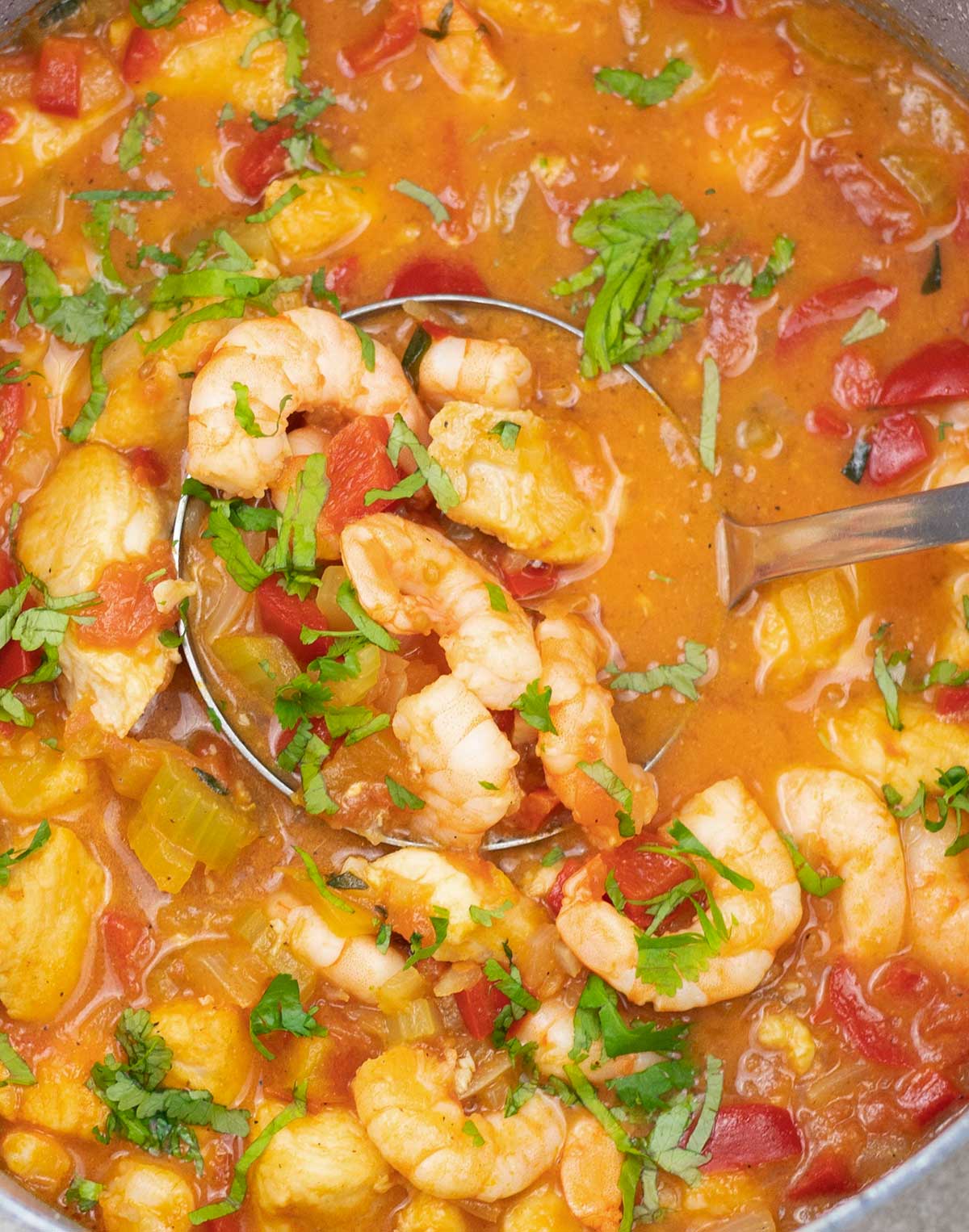 Caribbean seafood stew in the pot.