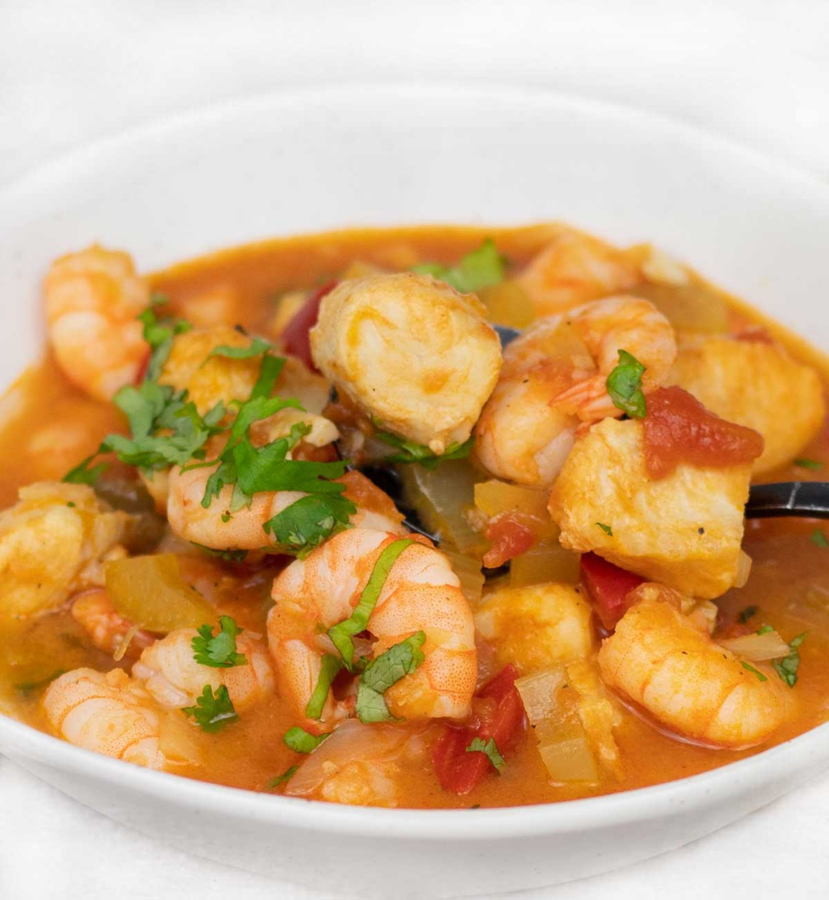 Close shot to Caribbean seafood stew on a bowl.