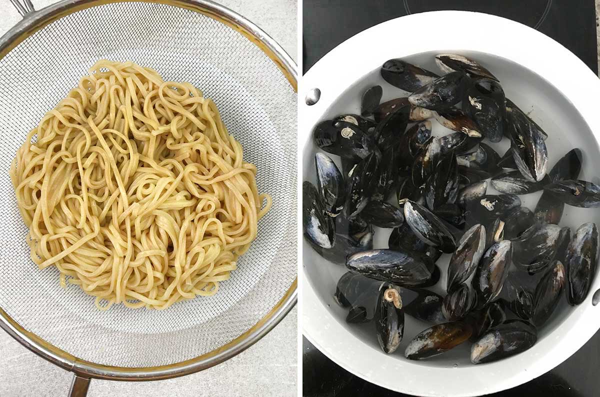 Cook the noodles and mussels.