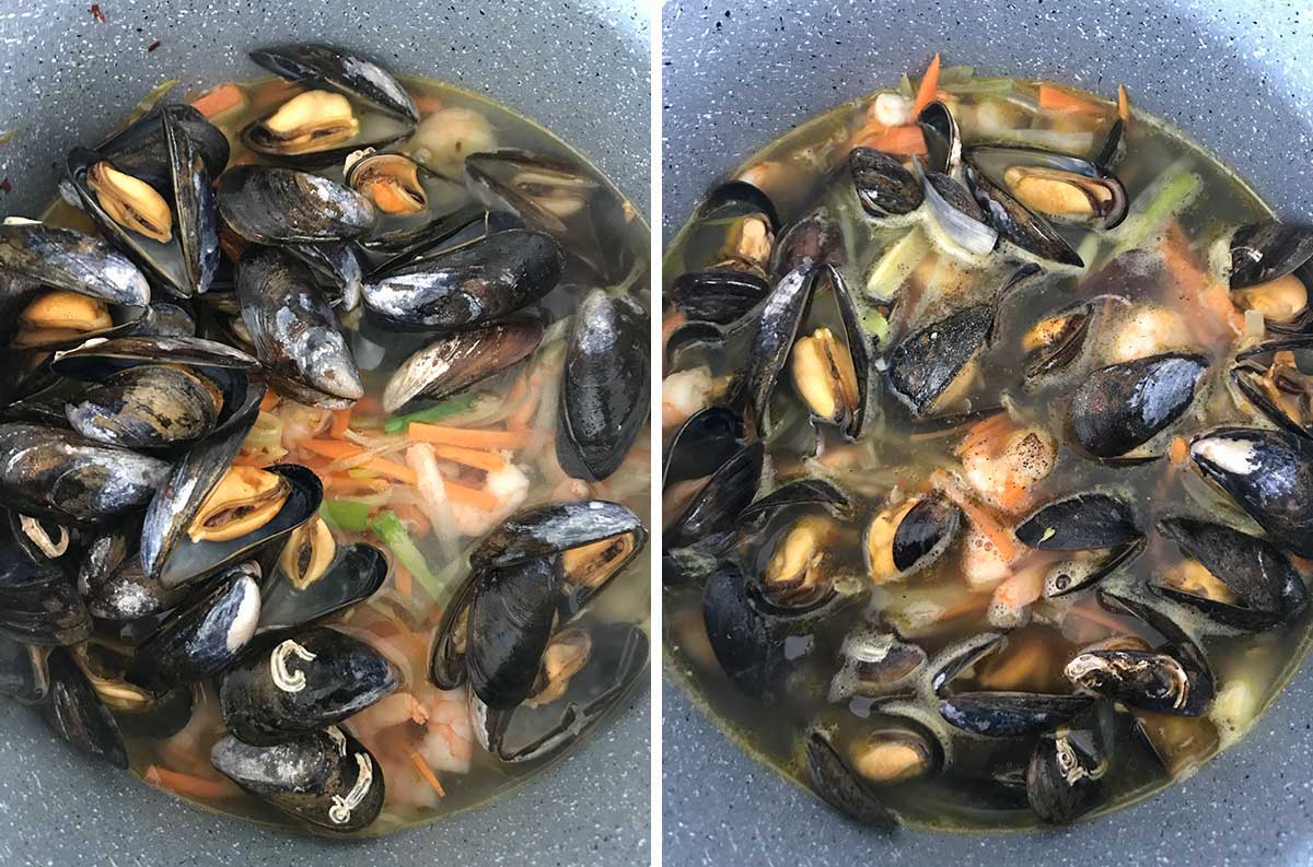 Add in cooked mussels and broth, add in sou sauce, salt, pepper, and fish sauce.