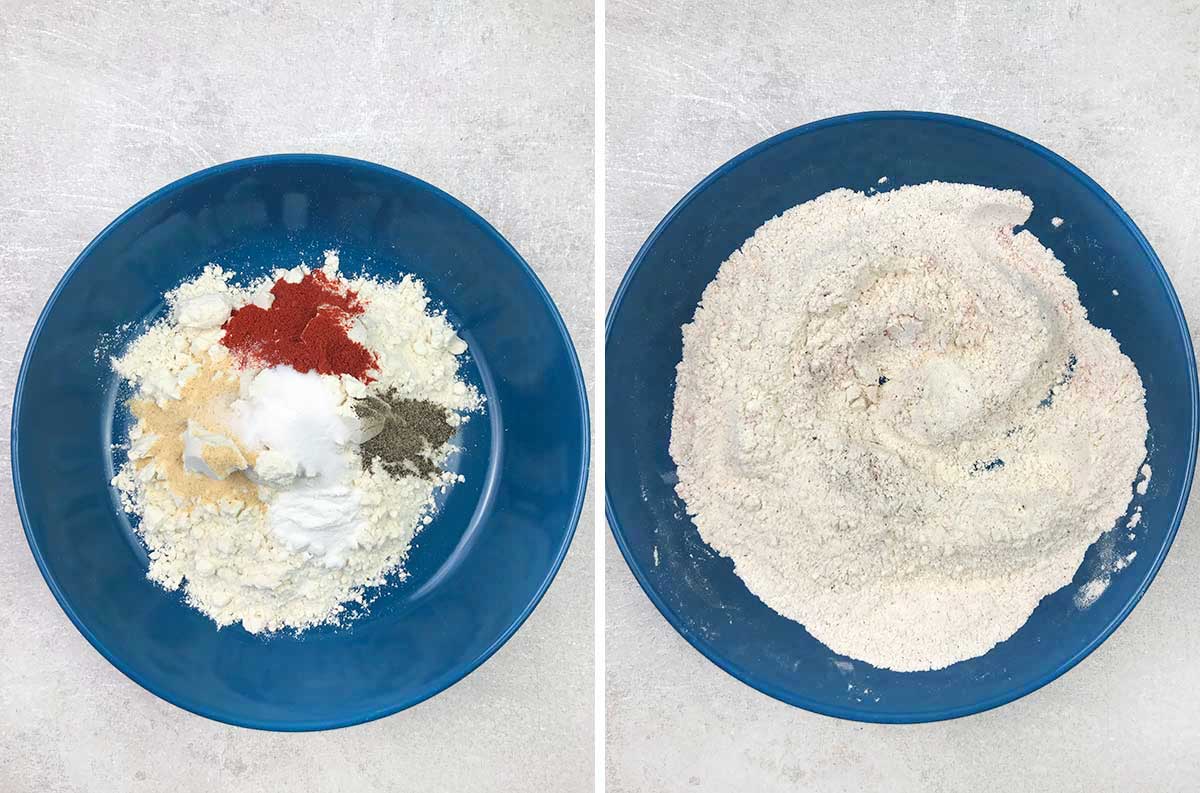 In a bowl, mix flour, salt, pepper, paprika, garlic powder and baking powder.