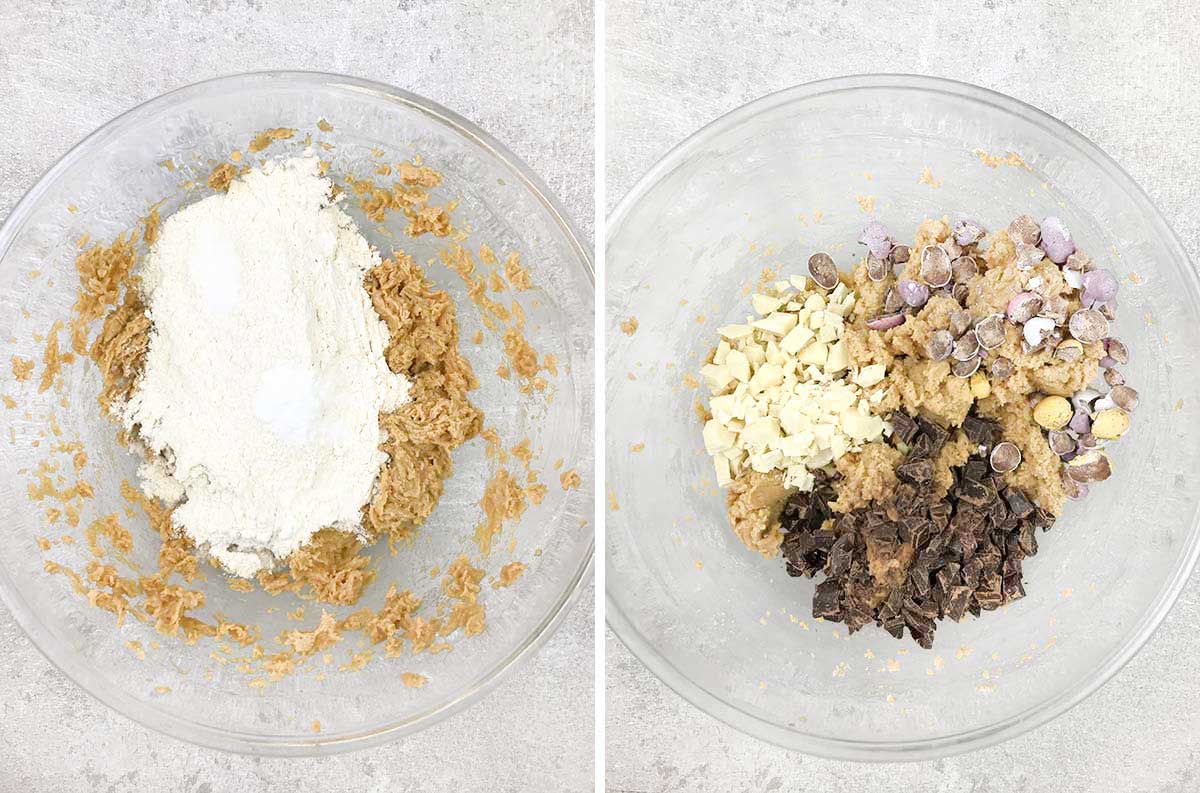 Stir in dry ingredients and fold in mini eggs and chocolate.