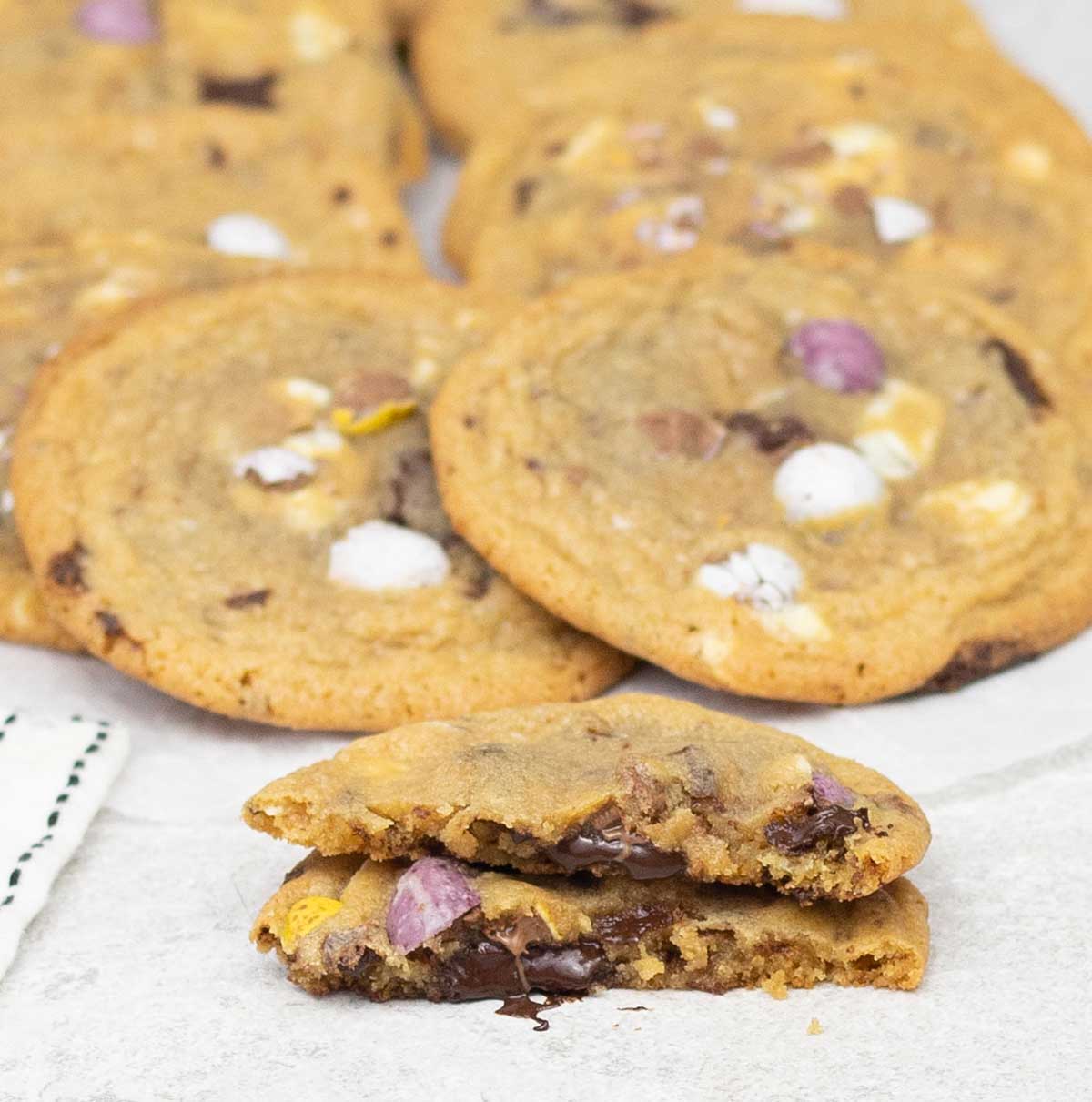 Easter mini egg cookies are oozing chocolate.
