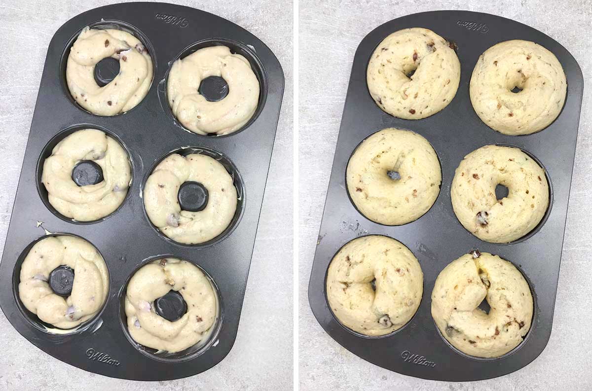 Spoon the batter into the donut pan and bake.