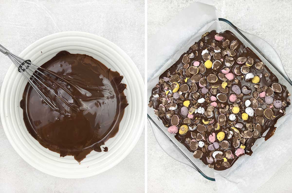 Melt chocolate, pour it over the base and scatter the mini eggs on top.