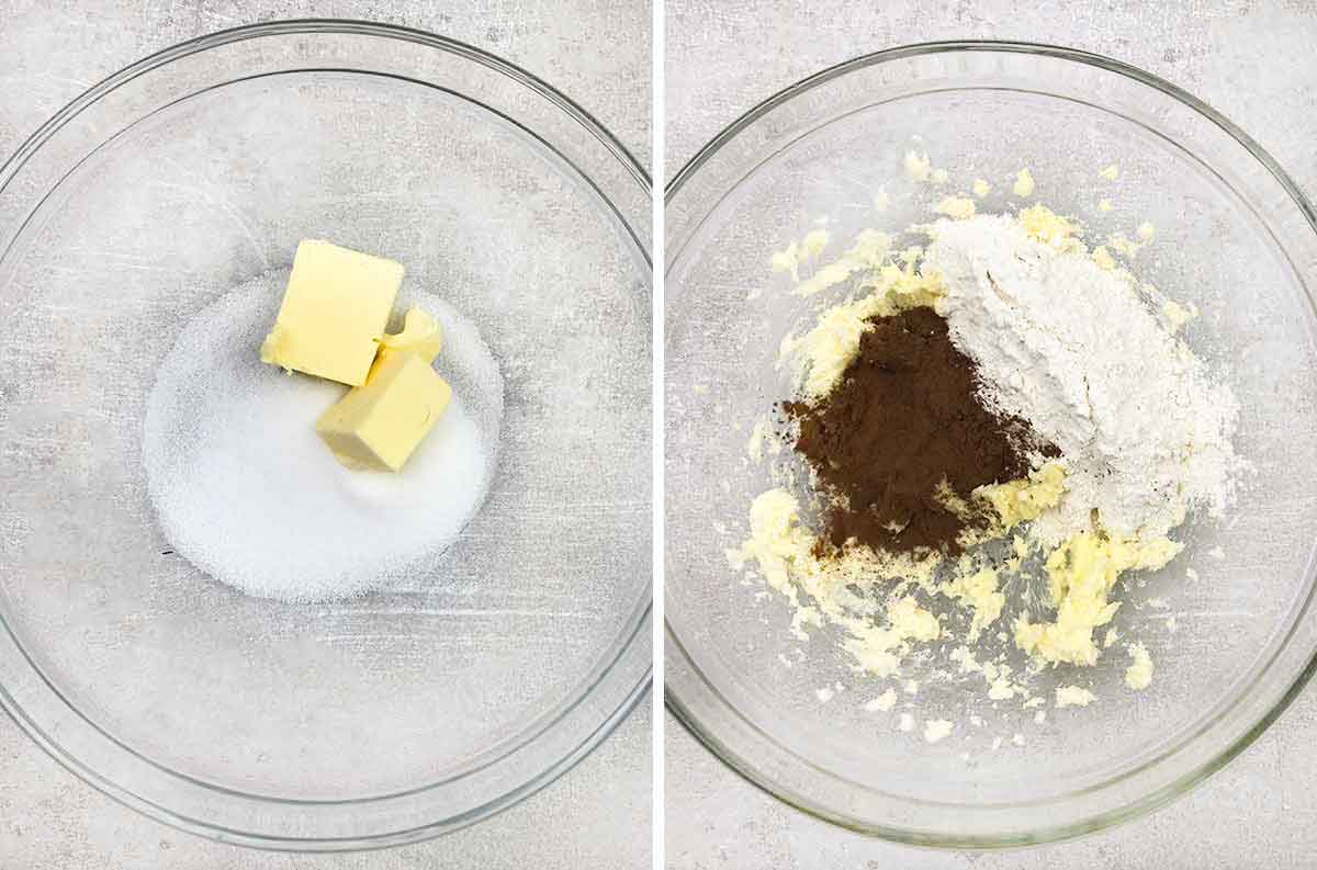 Mix butter and sugar then mix in the flour and cocoa powder.