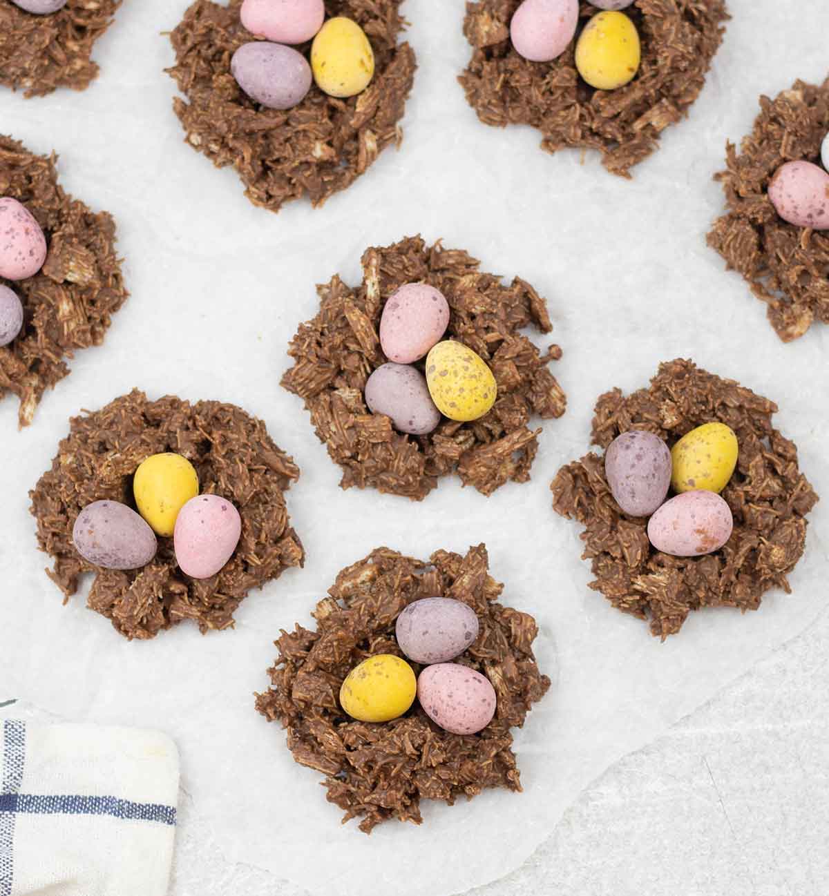 Easter nests topped with Easter mini eggs.