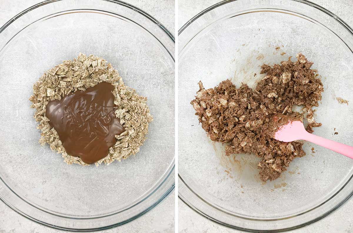 Pour the chocolate over the wheat and mix.