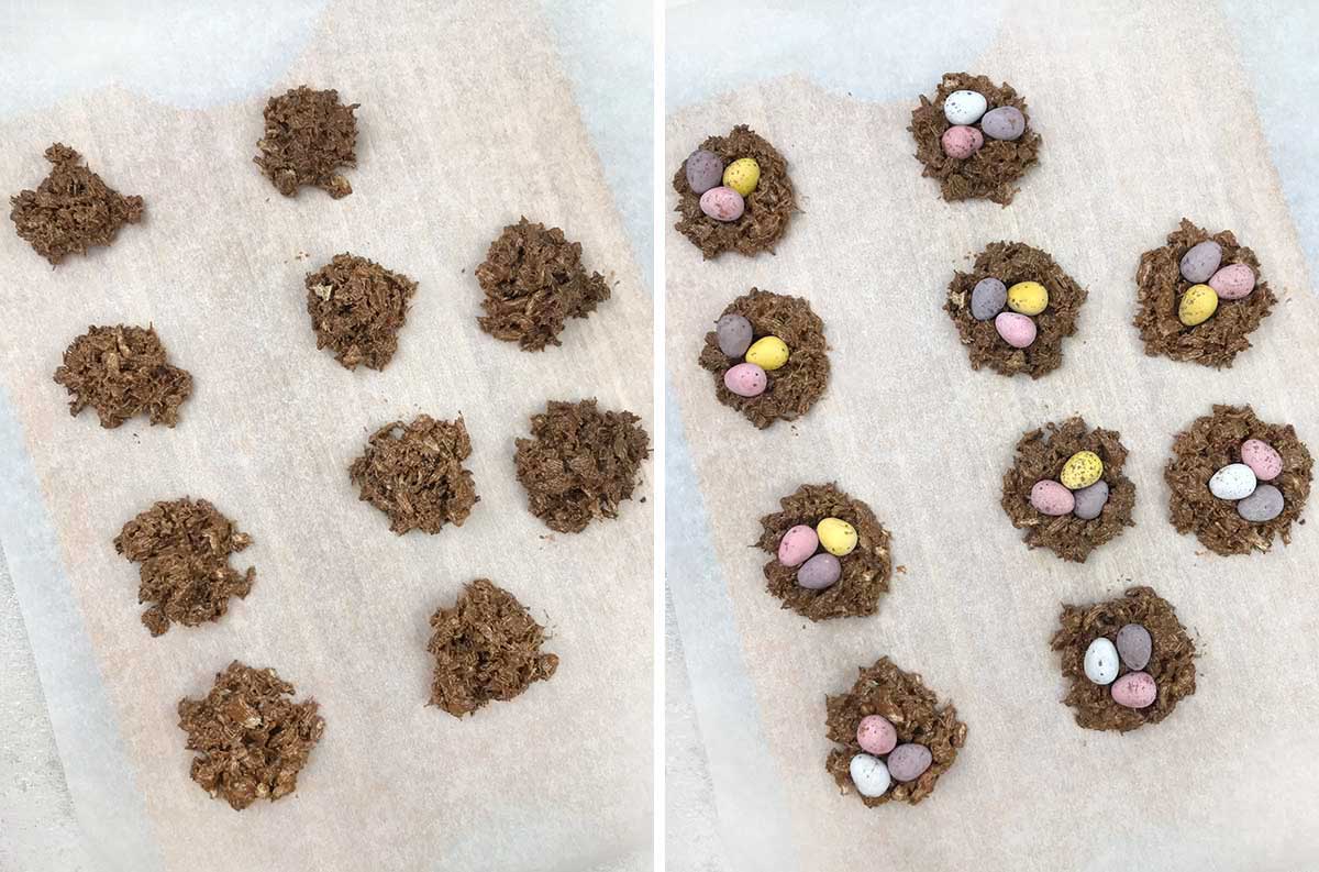 Scoop the chocolate wheat, place mini eggs in the middle of each nest.