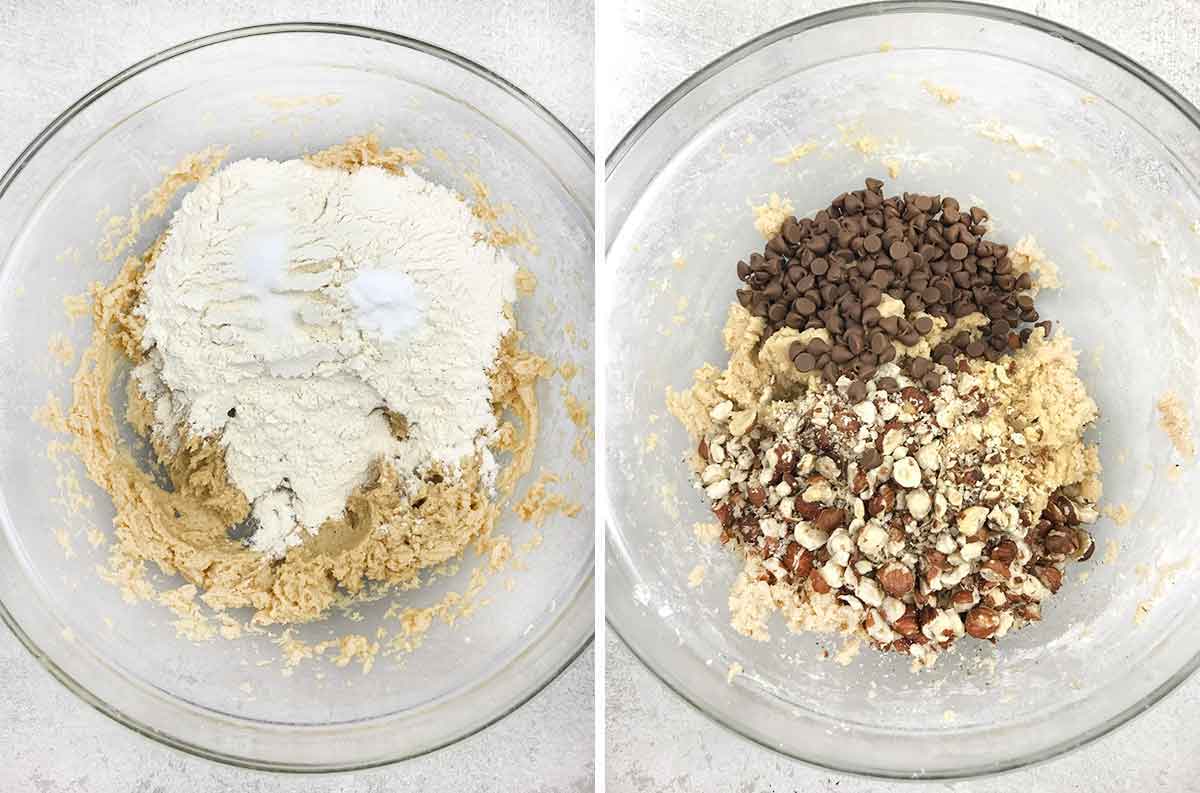 Mix flour, salt, and baking soda and then stir in hazelnuts and chocolate chips.