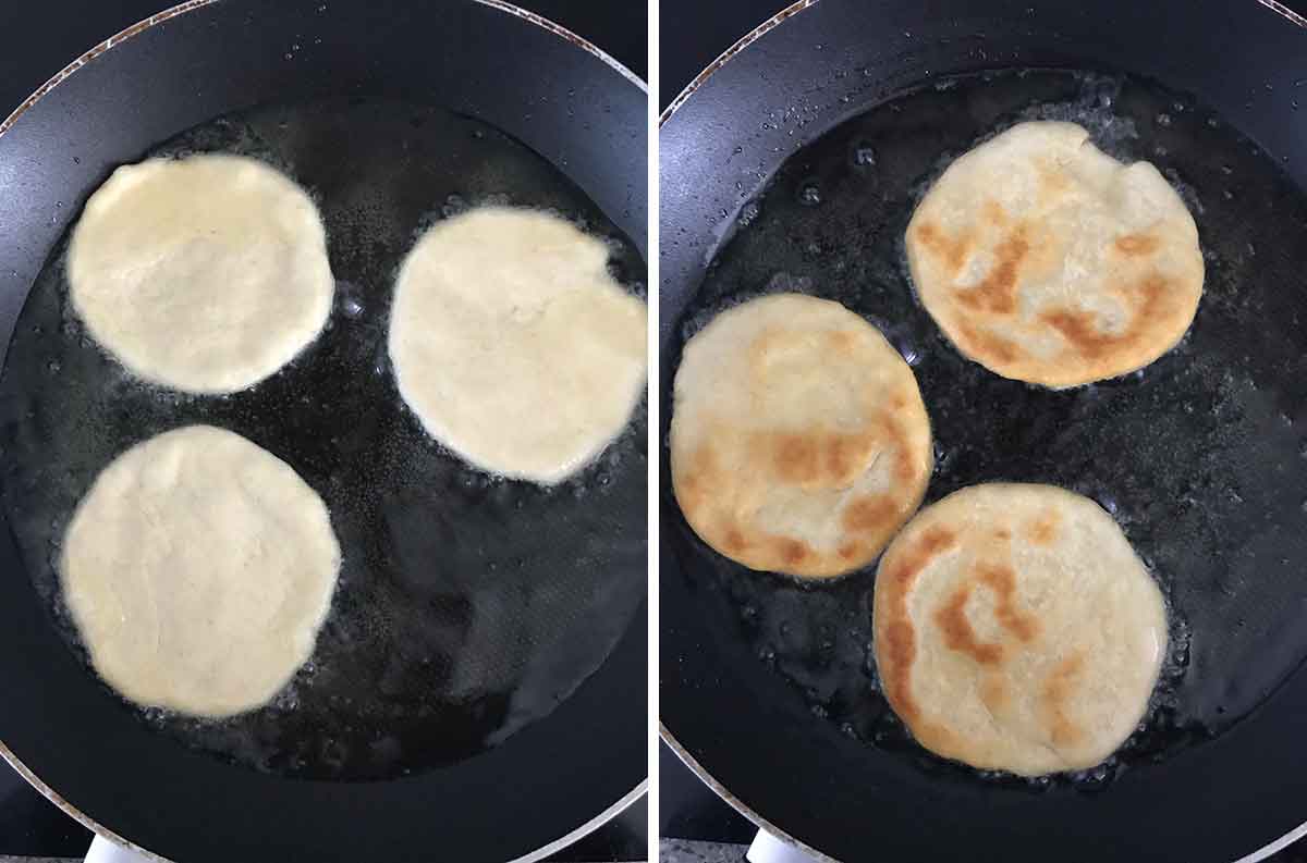 Fry johnny cakes in oil by photos.