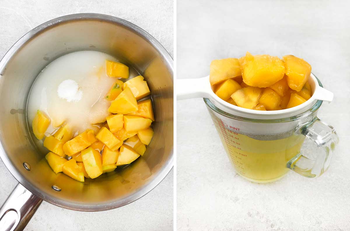 Add mangoes, water, and sugar in a saucepan. Transfer into a fine-mesh strainer.