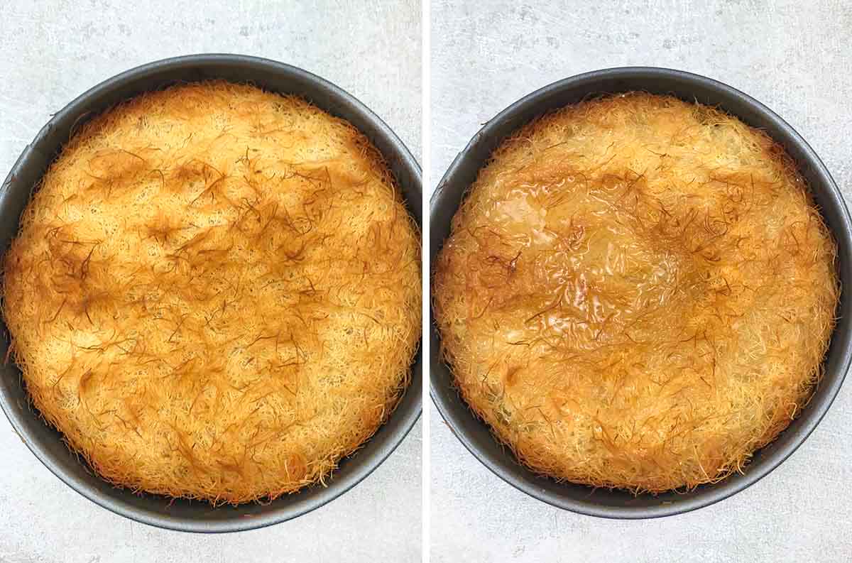 Pour the sugar syrup over the Kunafa after baking.